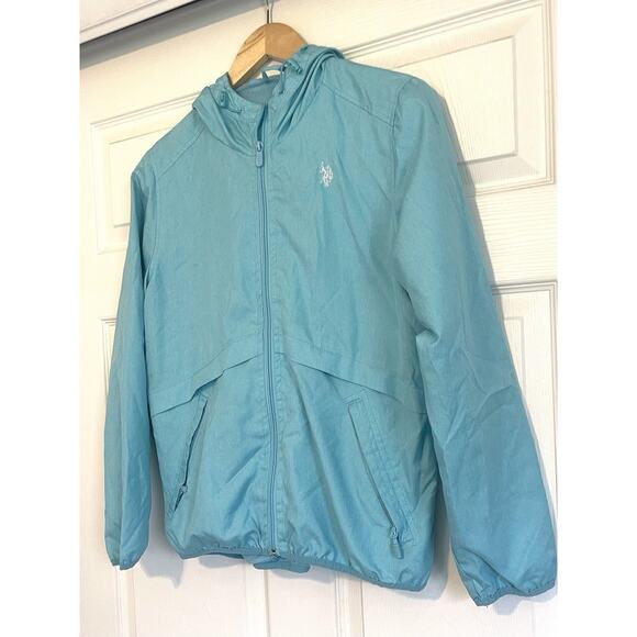 U.S Polo Assn, Full Zip Up HOODED WINDBREAKER Jacket--Size Large | Teal/ Blue - Picture 3 of 10